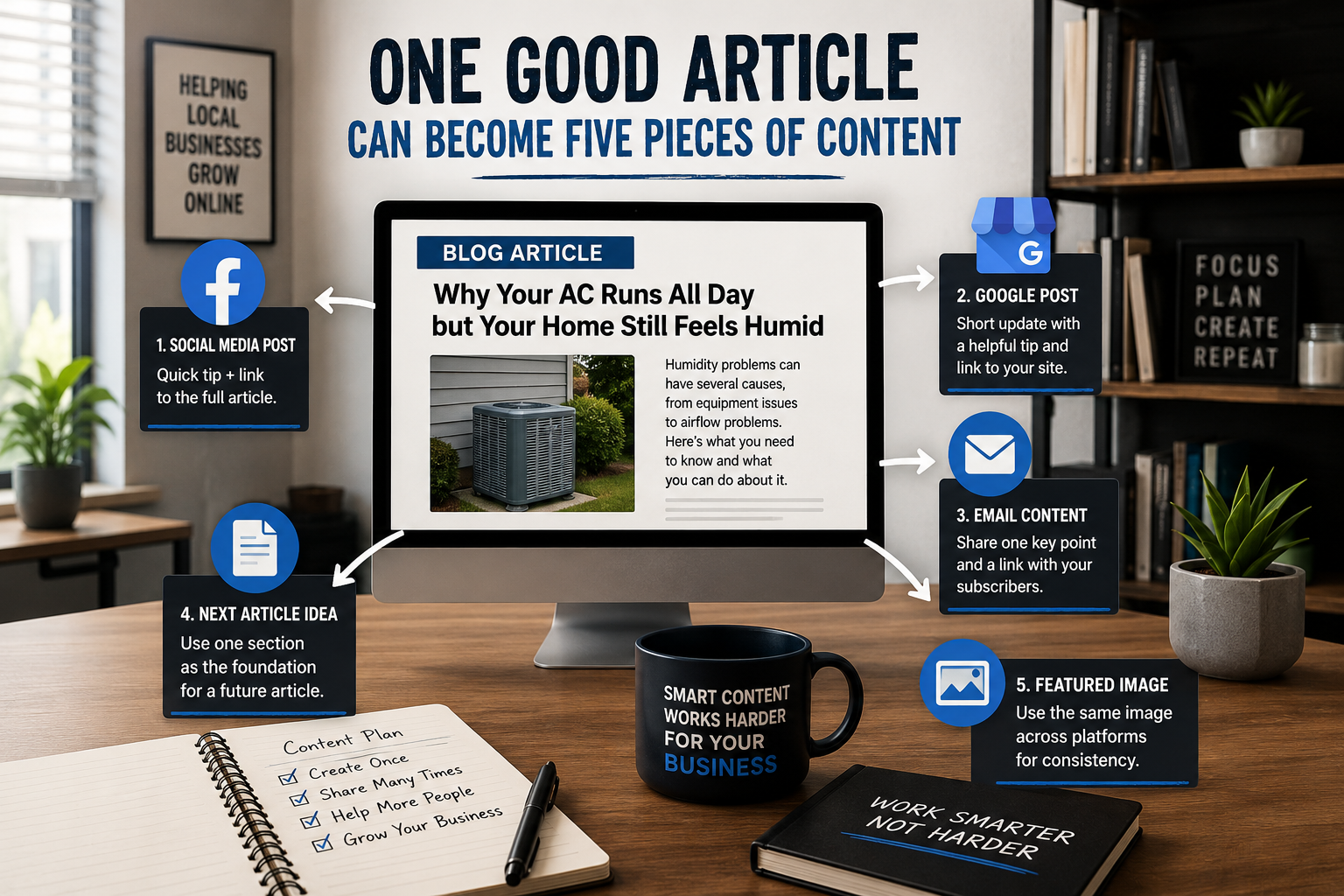 One Good Business Article Can Become Five Pieces of Content Content Repurposing Workspace Infographic