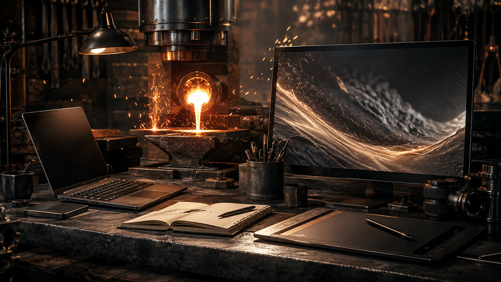 Valhalla Content Forge workspace combining digital content creation with a glowing industrial forge