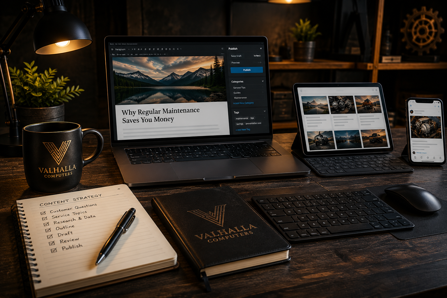 Digital and social content planning workspace with laptop, tablet, and mobile devices