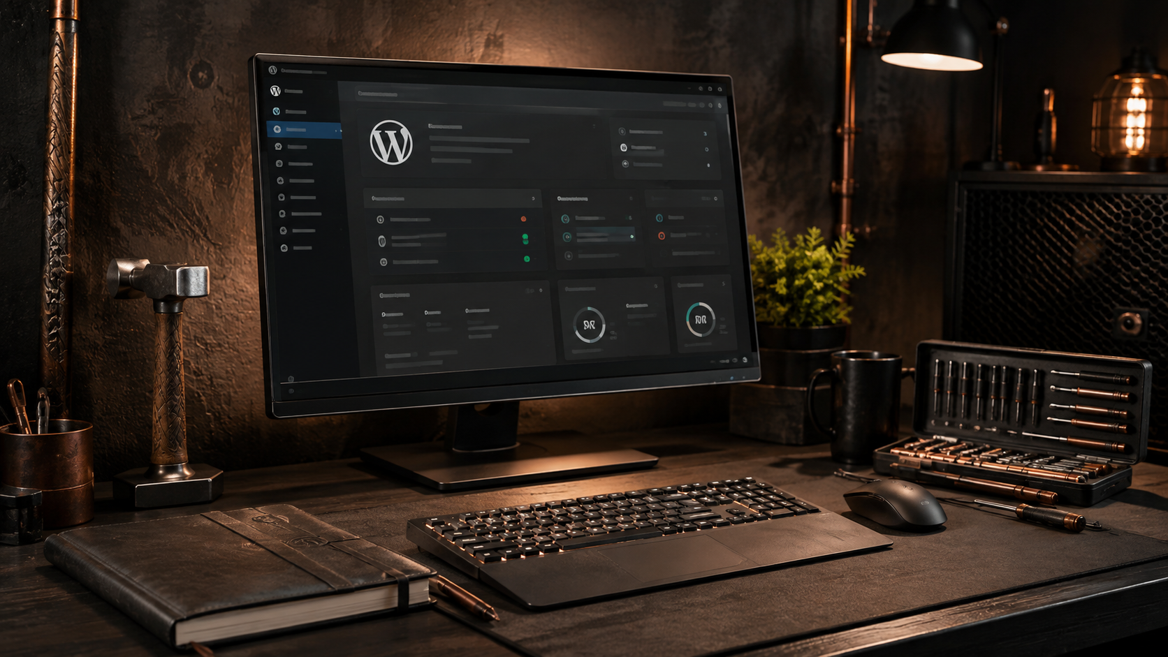 WordPress support workspace with dashboard on screen and maintenance tools on desk