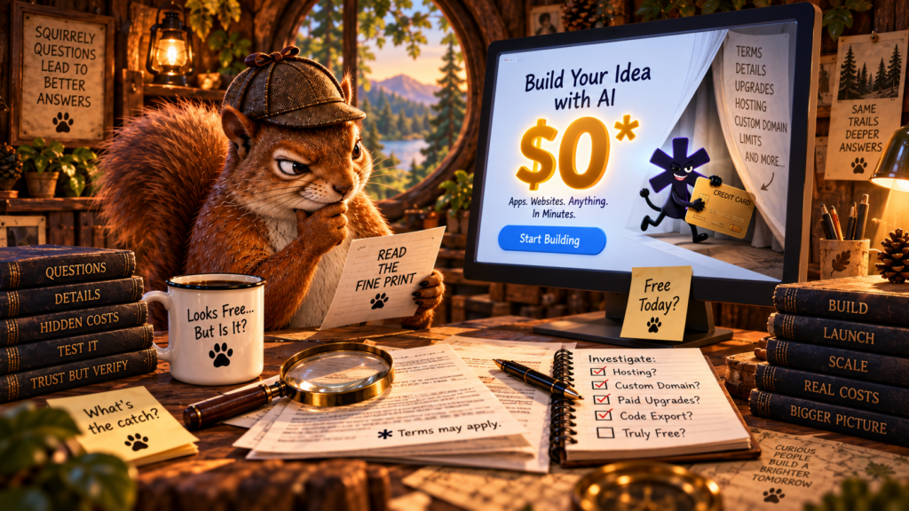 Squirrel detective investigating Floot MCP’s $0 AI app builder claim and hidden costs