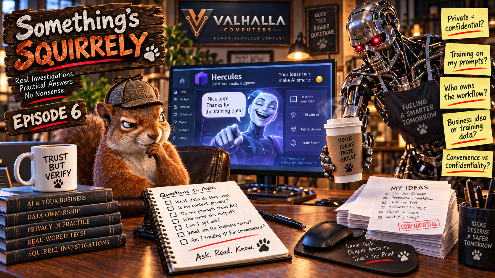 Something Squirrely — Episode 6: You Built a Proprietary App. So Why Is It Training Their AI? Squirrel Detective vs Coffee Robot