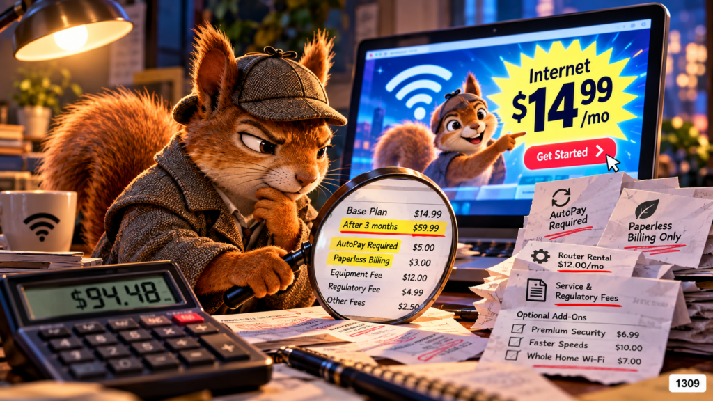 Detective squirrel examining a low-cost internet offer and hidden fees on a computer screen.