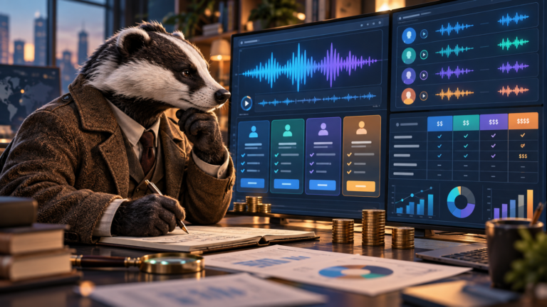 Badger analyst comparing AI voice waveforms and pricing tiers, illustrating Inworld real-time text-to-speech costs.