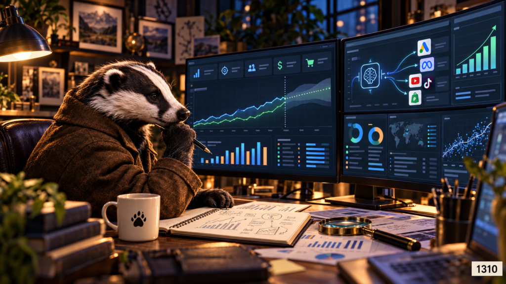 Badger analyst reviewing advertising and ecommerce performance dashboards across multiple digital channels.