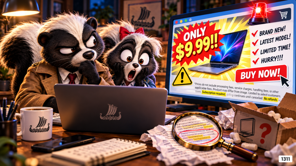 Skunk investigators examining a suspicious low-price laptop advertisement and its fine print.