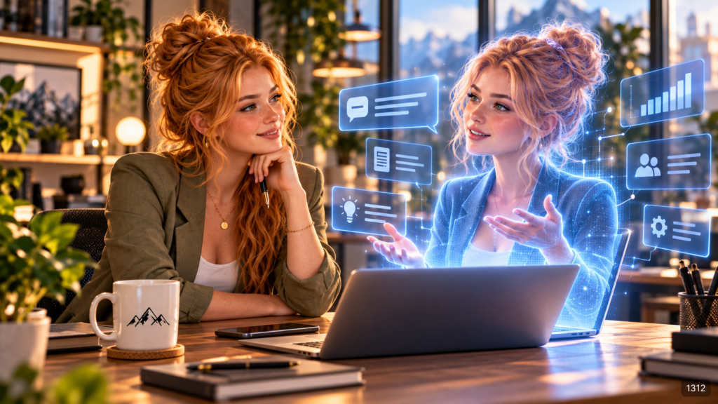 Ava Morgan working beside a glowing holographic AI twin in a modern office.