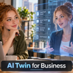 Ava Morgan beside a glowing AI double, illustrating a real-time AI identity layer for webcam and video use.