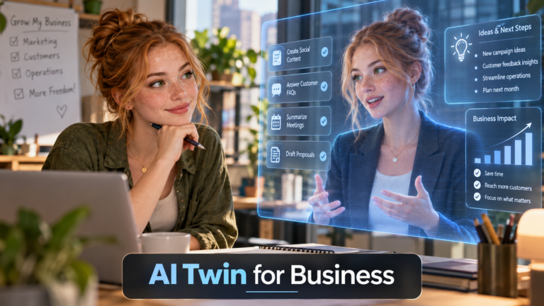 Ava Morgan beside a glowing AI double, illustrating a real-time AI identity layer for webcam and video use.