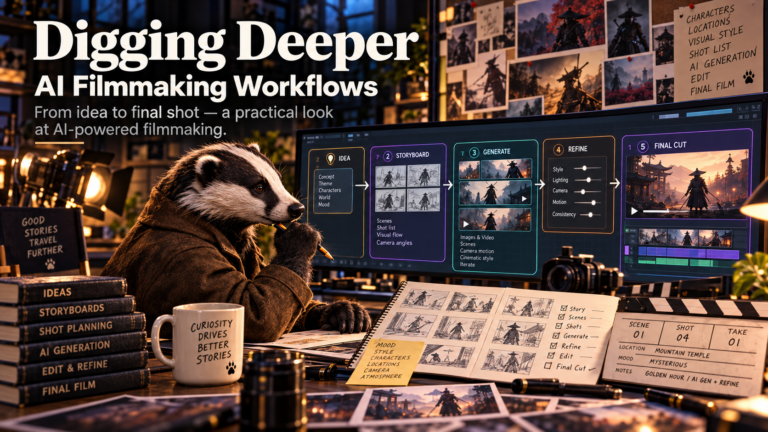 Badger investigator reviewing AI filmmaking storyboards, generated shots, and editing controls in a creative studio.