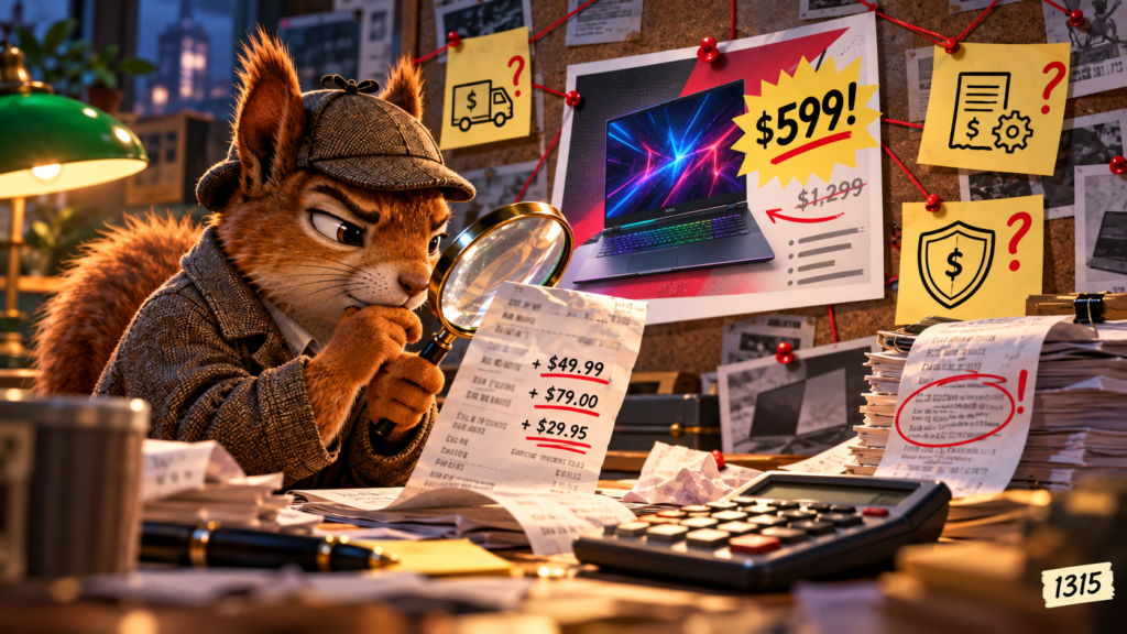 Detective squirrel examining a discounted laptop offer, receipts, and hidden fees.