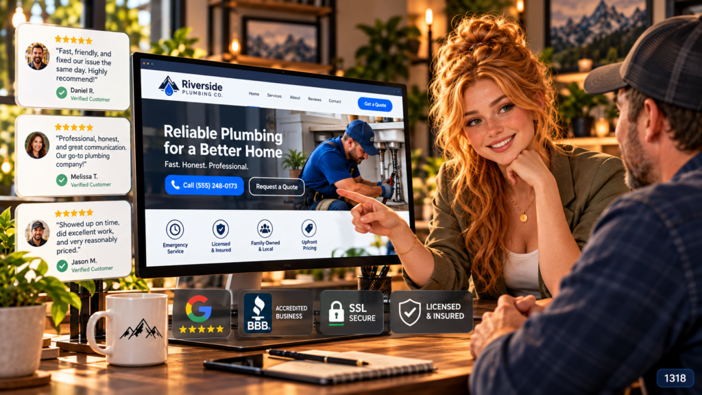 Ava Morgan reviewing a trustworthy local plumbing website with customer reviews and security badges.