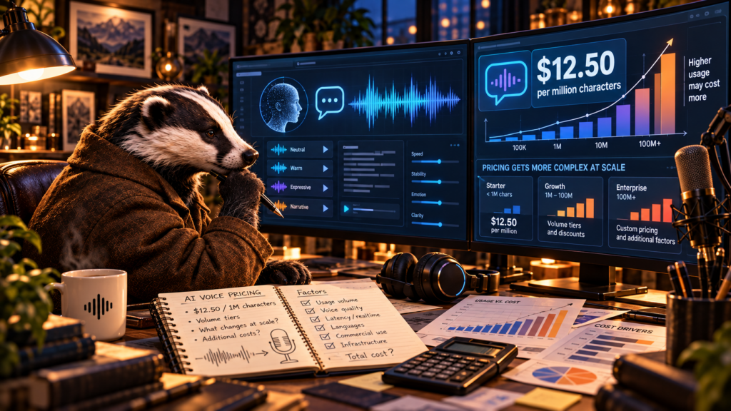 Badger analyst reviewing real-time AI voice pricing, usage tiers, and audio waveforms.