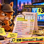 Detective squirrel investigating a Rebel Angler free-tackle offer with fishing gear, sticker cost, and shipping fine print.