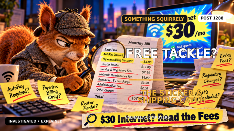 Detective squirrel investigating a Rebel Angler free-tackle offer with fishing gear, sticker cost, and shipping fine print.