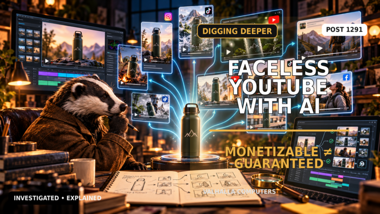 Badger investigator reviewing a faceless YouTube production workflow using AI voice, video, and monetization tools.