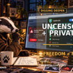 Badger investigator reviewing a private uncensored AI service, with privacy, moderation, and risk questions highlighted.