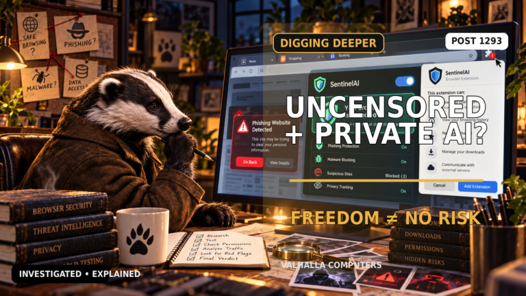 Badger investigator reviewing a private uncensored AI service, with privacy, moderation, and risk questions highlighted.
