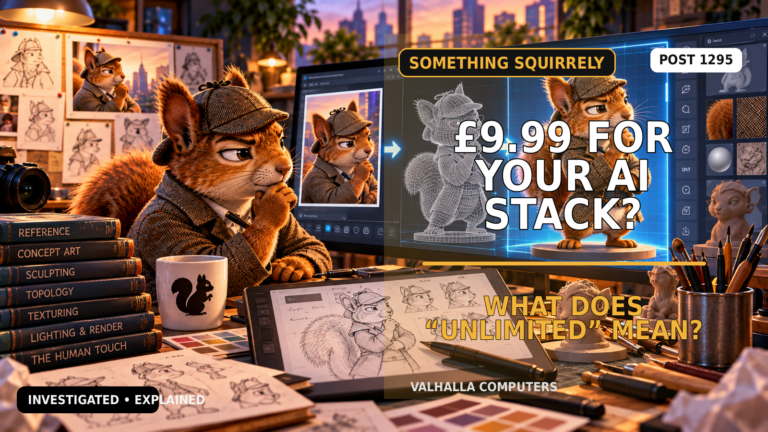 Detective squirrel inspecting a low-cost AI subscription bundle and questioning what unlimited access really means.