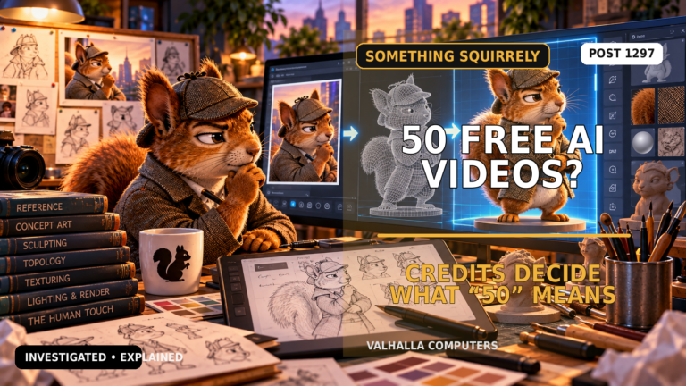 Detective squirrel investigating a CinemaFlow free-trial offer and how credits determine the number of AI videos available.